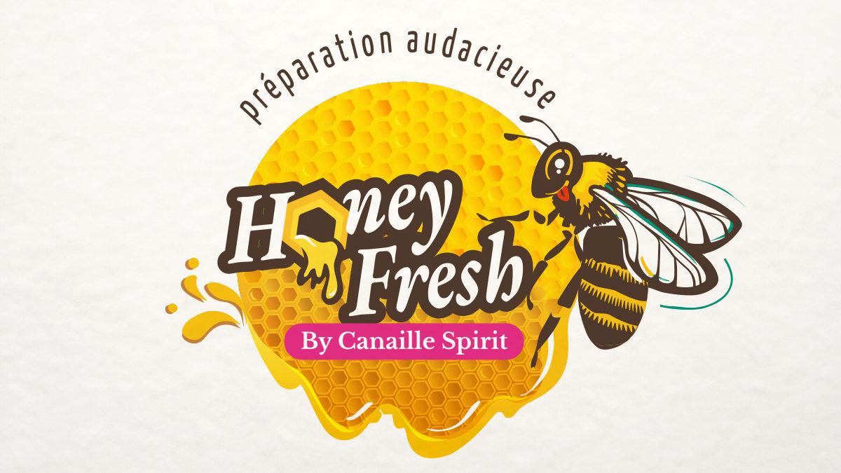 Logo Honey Fresh pour une marque de préparation de miels,avec une abeille avec un air espiègle qui tire la langue.