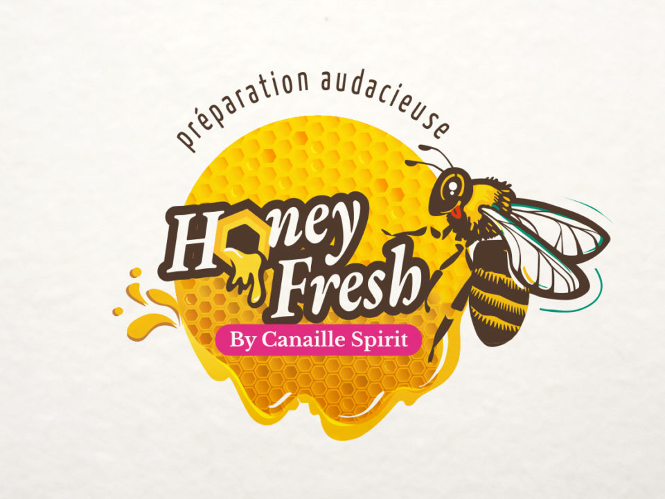 Logo Honey Fresh pour une marque de préparation de miels,avec une abeille avec un air espiègle qui tire la langue.