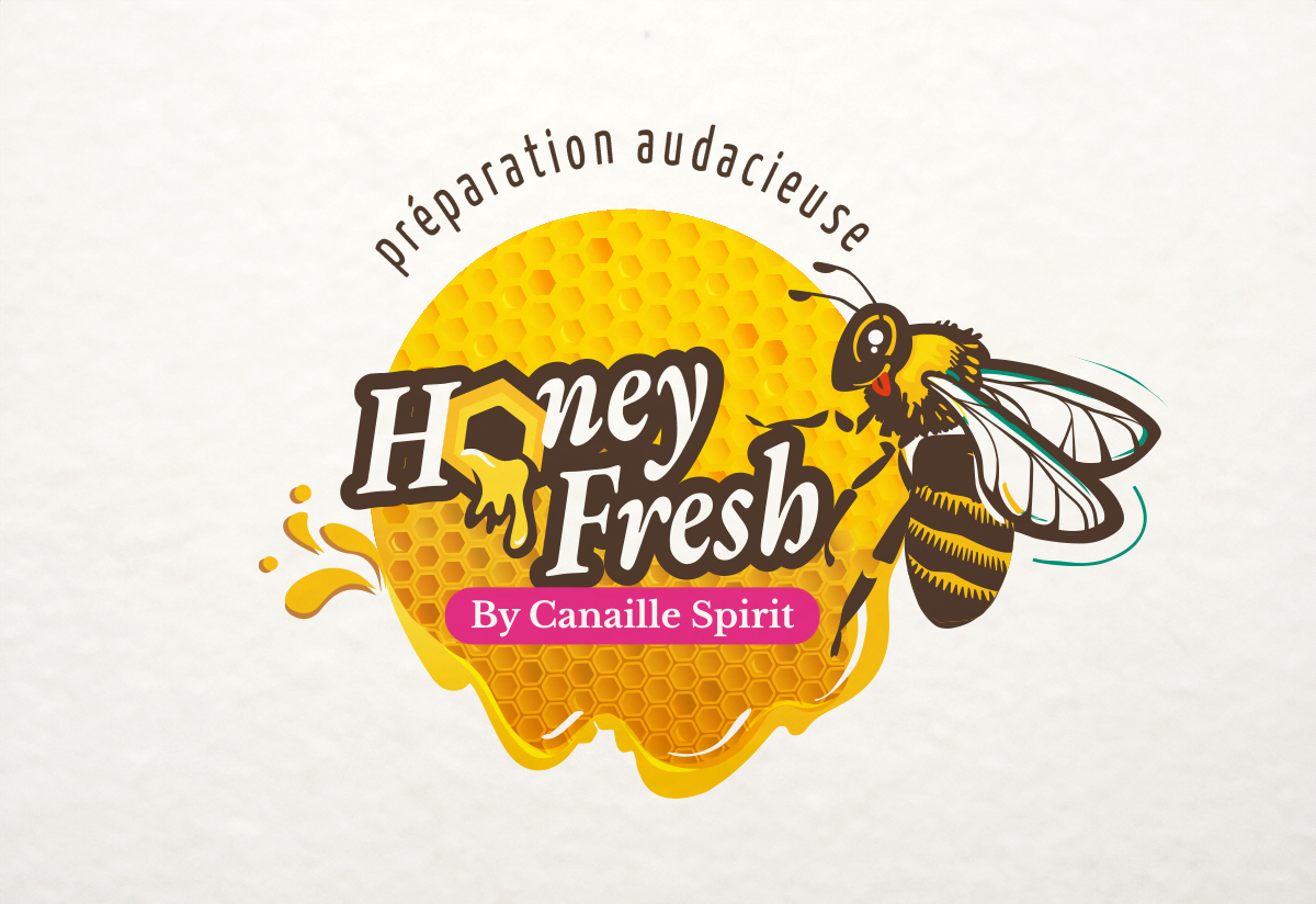 Logo Honey Fresh pour une marque de préparation de miels,avec une abeille avec un air espiègle qui tire la langue.