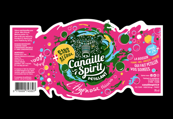 Etiquettes Canaille Spirit pour sa boisson, pétillantes tout en mouvement avec des couleurs flashy et des bulles.