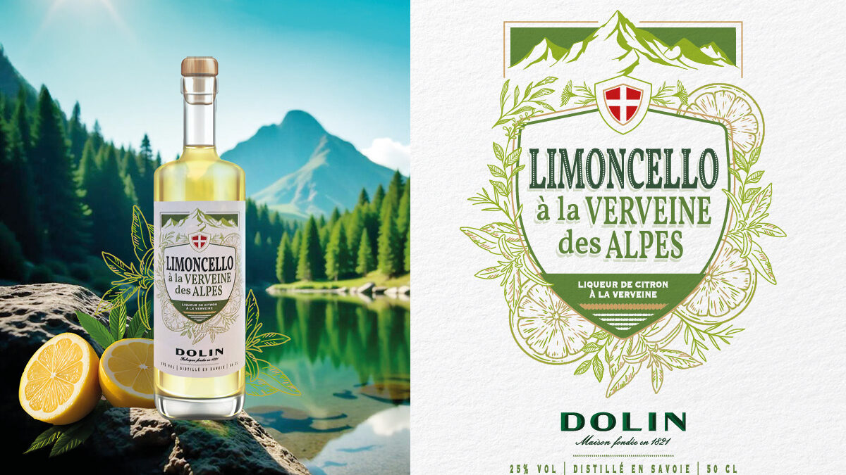Étiquette du limoncello verveine des Alpes avec simulation dans un paysage ensoleillé.