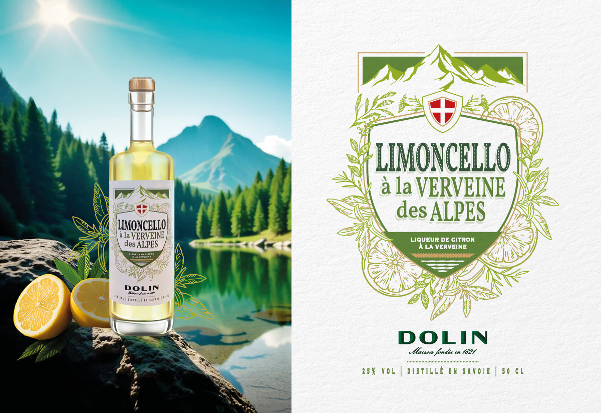 Étiquette du limoncello verveine des Alpes avec simulation dans un paysage ensoleillé.